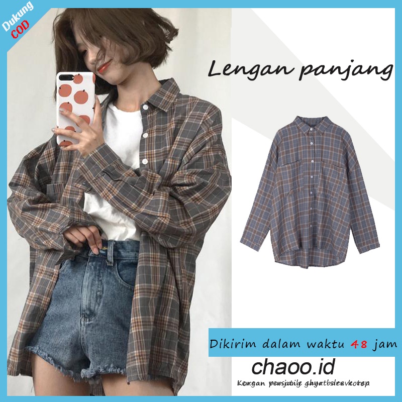 Kemeja kotak-kotak longgar wanita Korea baru yang diimpor korean style atasan wanita kaos merah atasan kaos Loose wanita