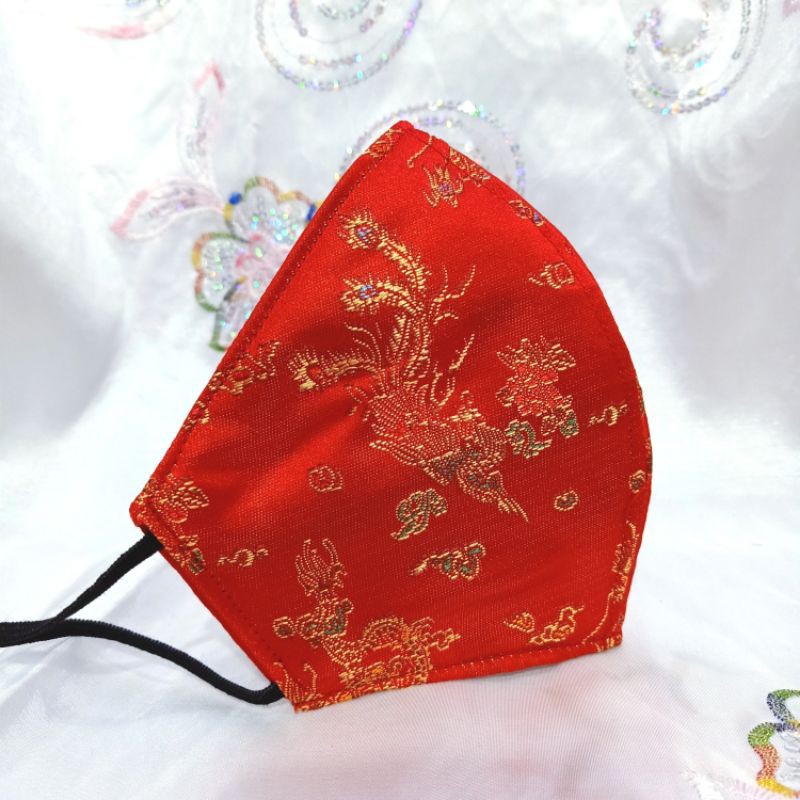 Masker Kain Motif Naga Merah Oriental China 3 Lapis dengan Filter Spunbond/Masker Imlek CNY