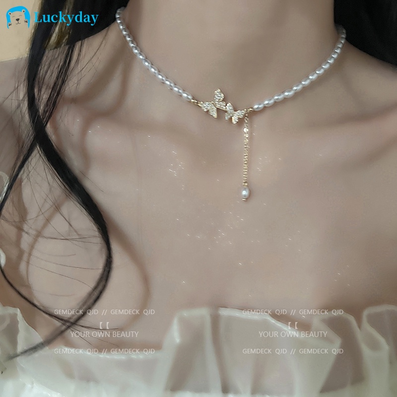 YEEZII Kalung Choker Rantai Klavikula Emas Hias Kupu-Kupu Kristal Mutiara Rumbai Untuk Wanita