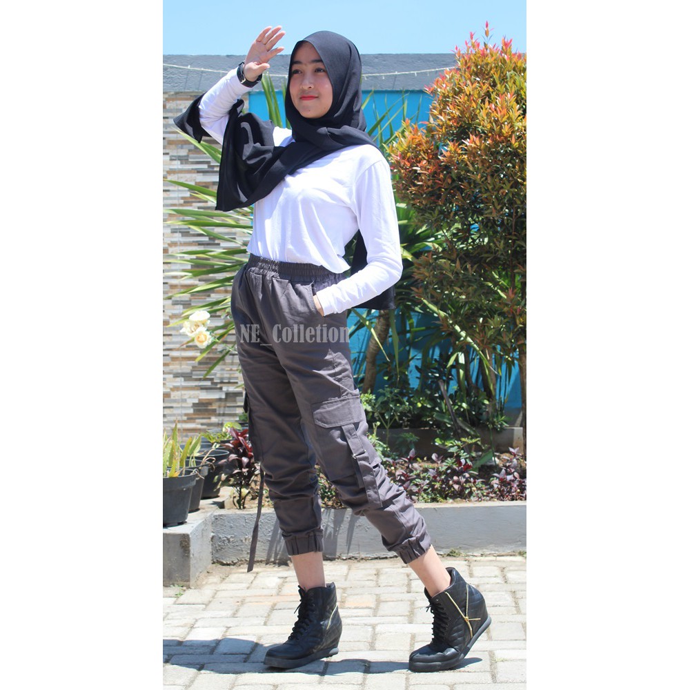 Celana Jogger PDL Wanita Celana Panjang Slim Fit Katun Premium Pinggang Elastis Jogger Cargo GREY