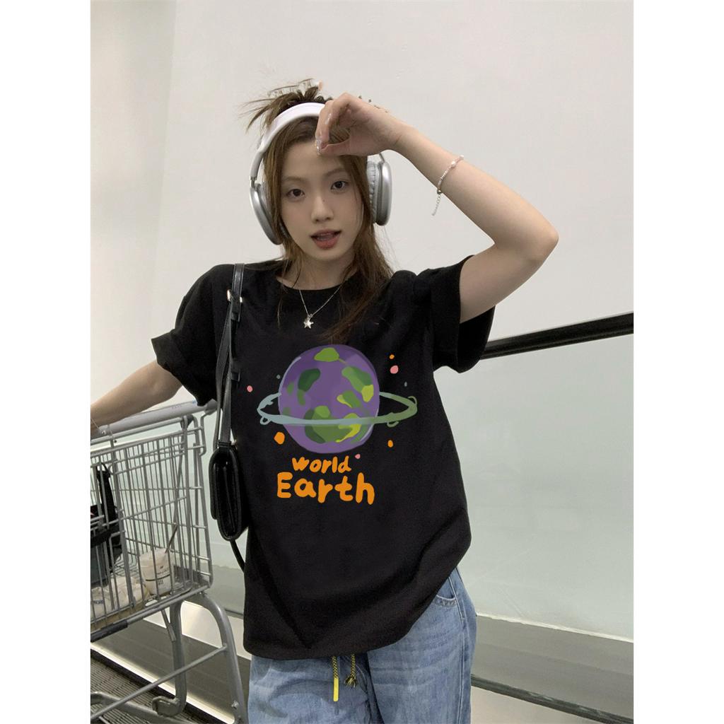 EUNII T-shirt Lengan Pendek Cartoon Earth World Korean Style/Kaos Atasan Wanita/Baju Kaus Oversize Wanita/Kaos Wanita