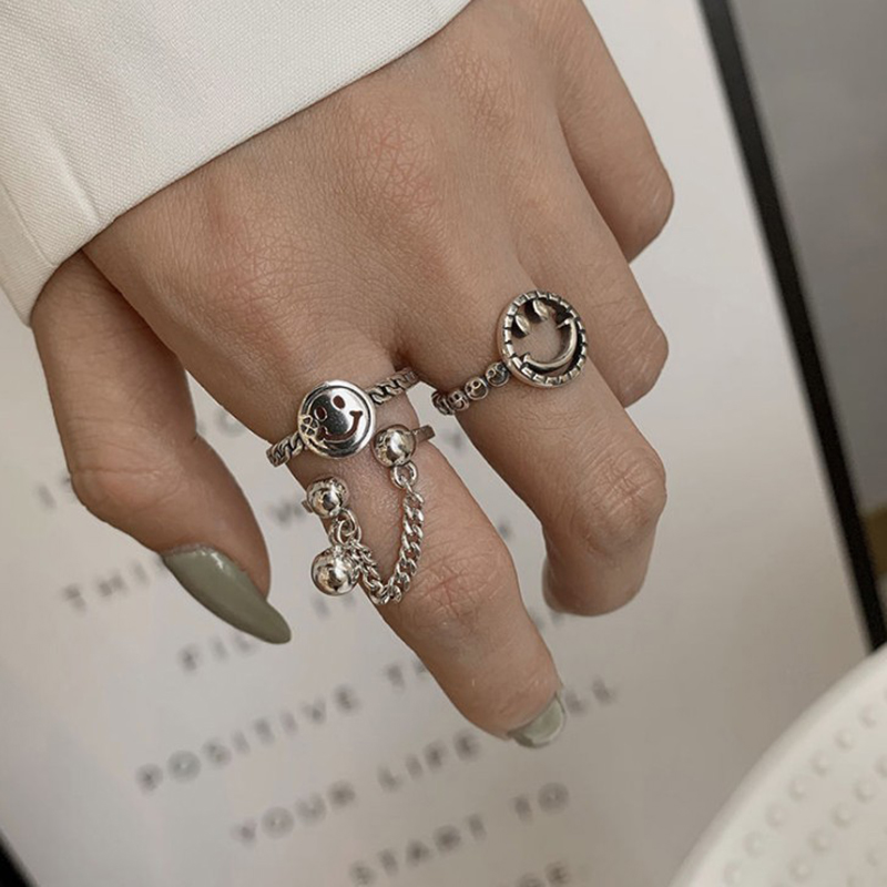 Cincin Motif Smiley Face Bahan S925 Silver Plated Gaya Korea Untuk Wanita