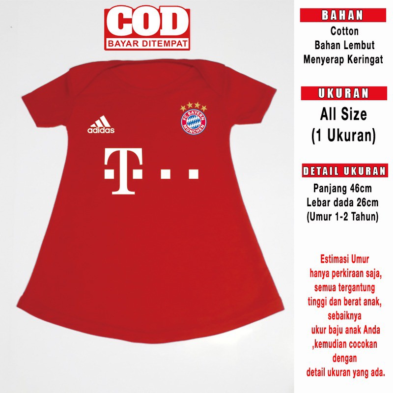 Dress Anak Perempuan Bola BAYERN MUENCHEN Pakaian Bayi Baju Bola Anak Jersey Cewek 1 tahun - 2 tahun