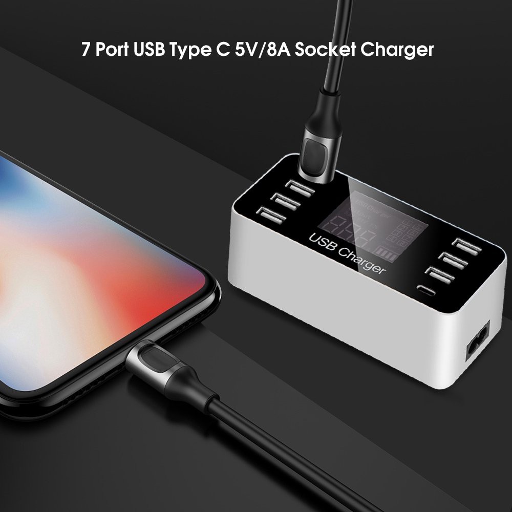 A9 Adaptor Charger 7 Port USB Fast &amp; 1 Port Tipe C dengan Display LCD