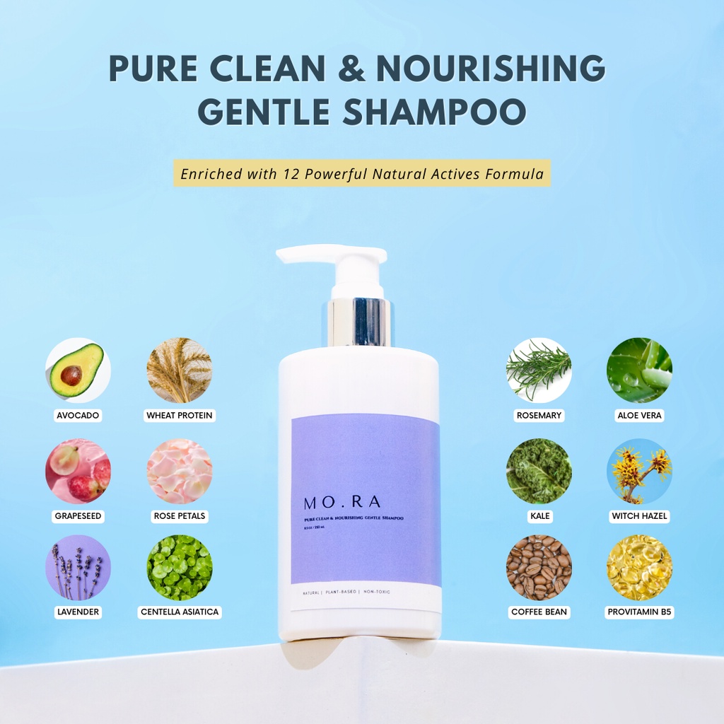 {HAIR CARE} MO.RA PURE CLEAN & NOURISHING GENTLE SHAMPOO / VEGAN SHAMPOO / 2IN1 SHAMPOO / SLS FREE / PARABEN FREE / SILICONES FREE / SAMPO ANTI LEPEK / SAMPO ANTI RONTOK-1