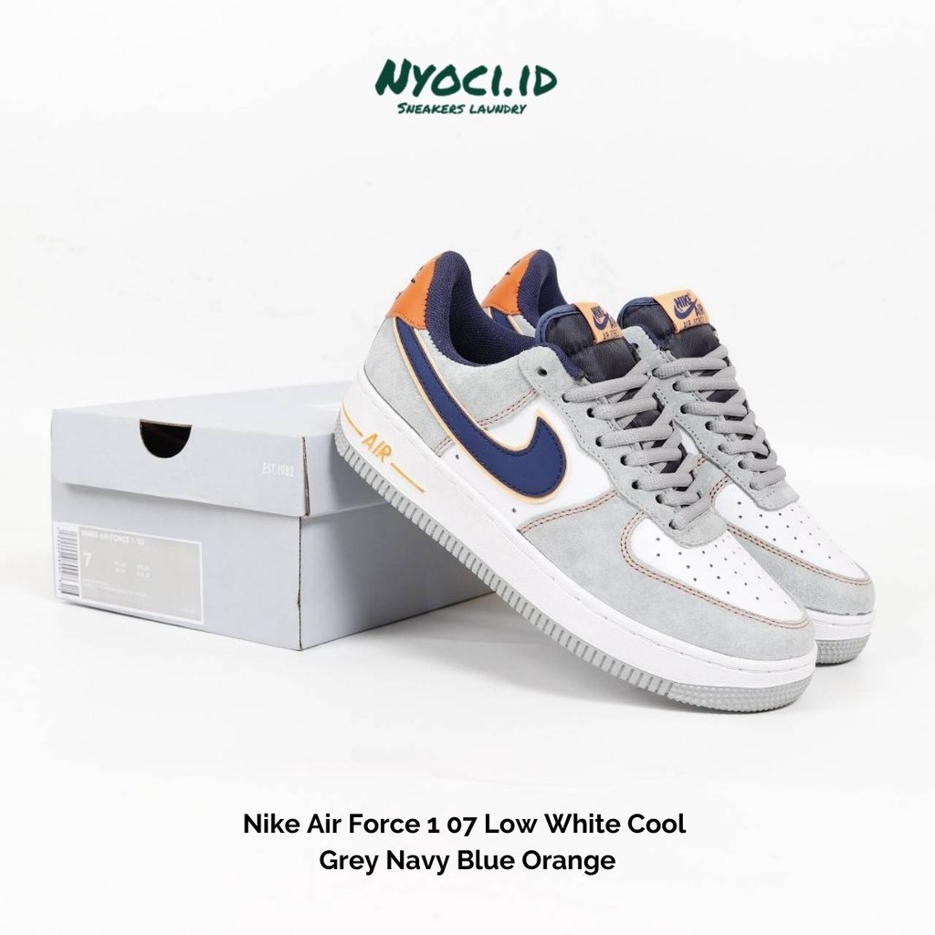 Nike Air Force 1 '07 Low White Cool Grey Navy Blue Orange