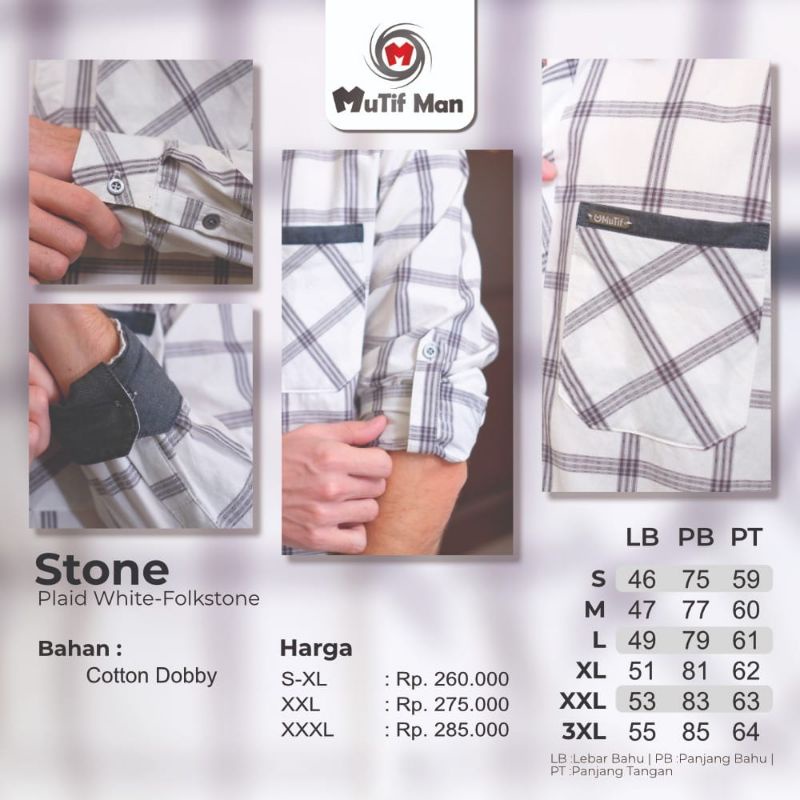 KEMEJA MUTIF MAN STONE PLAID WHITE - FOLKSTONE LENGAN PENDEK DAN LENGAN PANJANG