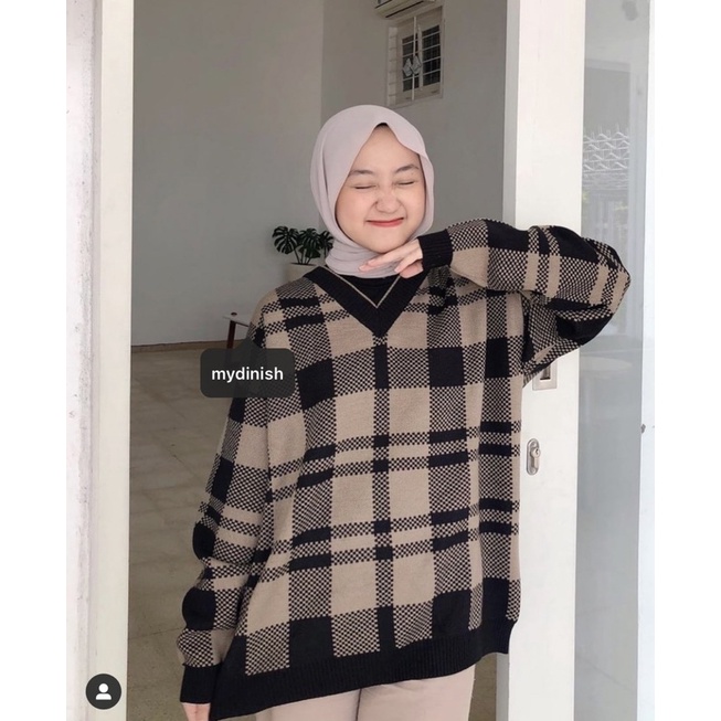 Anjela V oversize - Atasan Blouse Wanita Motif Kotak