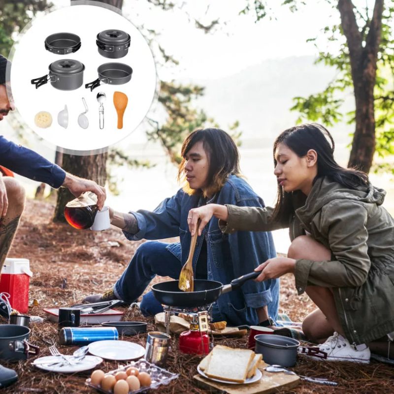 Panci Masak Camping Portable Peralatan Masak Camping Outdoor Panci Masak Cooking Set Outdoor 8 pcs