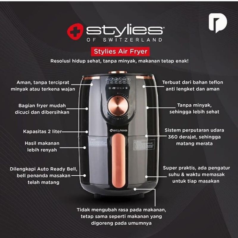 Stylies Air Fryer Alat Menggoreng Tanpa Minyak Low Watt (1000 W)