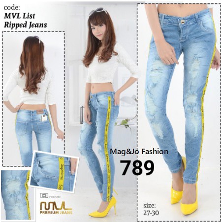 Celana Jeans Wanita Ripped/Sobek List Kuning MVL-789
