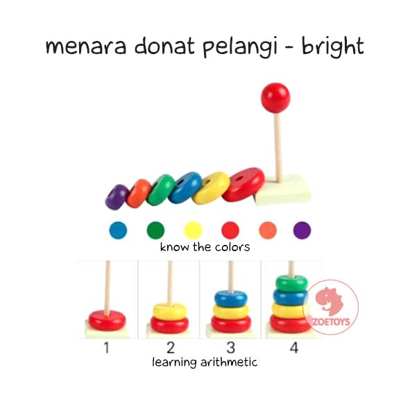 Zoetoys Menara Geometri Donat Pelangi | Ring Rainbow Tower | Menara Pelangi Kayu | Mainan Edukasi Anak