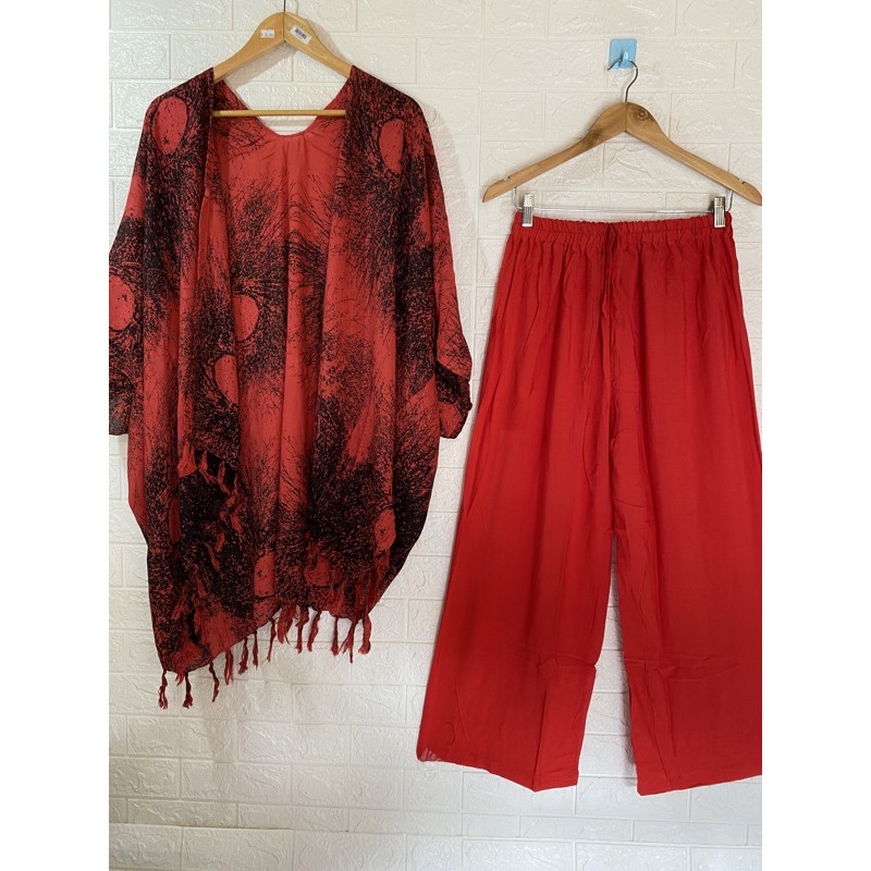 setelan OUTER AKAR&CELANA KULOT POLOS UKURAN ALL SIZE-XXXL-Merah