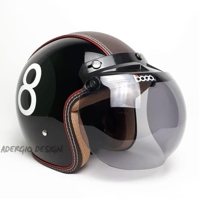 ❤️ KORTING HELM RETRO CEWEK❤️ HELM BOGO KACA BOGO ORI MOTIF ANGKA 8 HITAM GLOSSY SEMI KULIT
