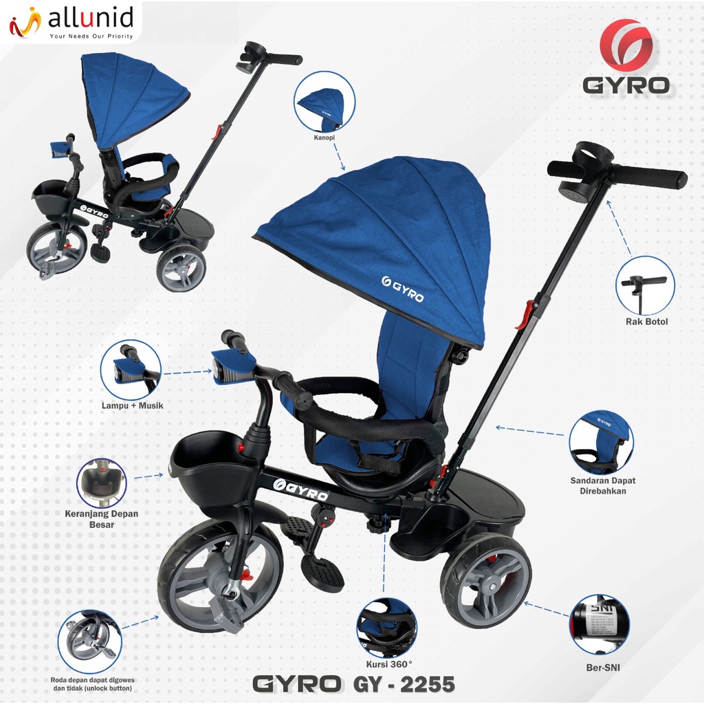 Khusus Gojek/Grab Instan Sepeda Roda Tiga Stroller Anak GYRO ST GY 2255 Tricycle Bike Lipat dan Putar SNI Garansi Termurah-Blue