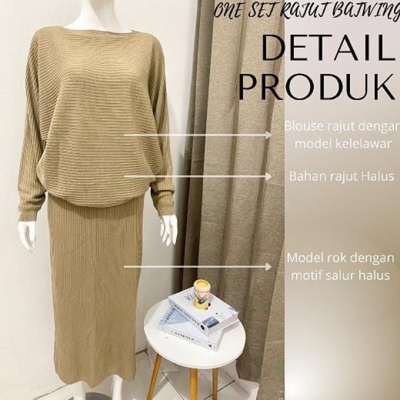 OneSet Rok dan Cardigan Bahan ranjut Allsize