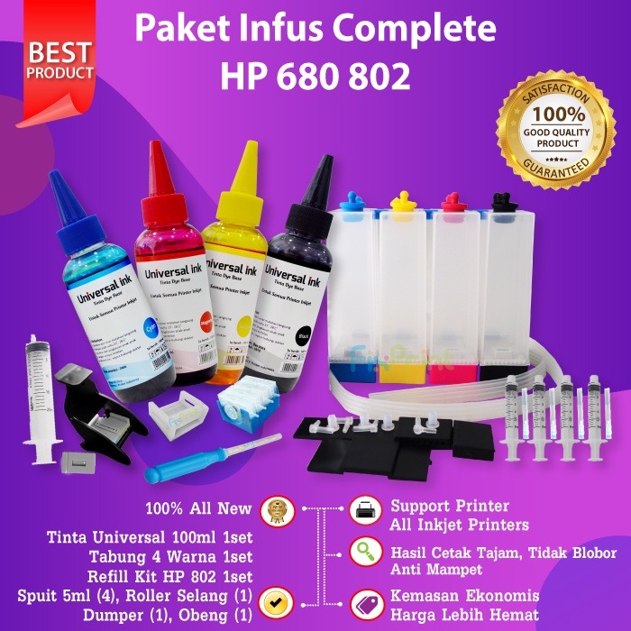 Paket Infus Printer Tabung Dumper Obeng Bor Refill Kit HP 802 678 680 Paket Lengkap