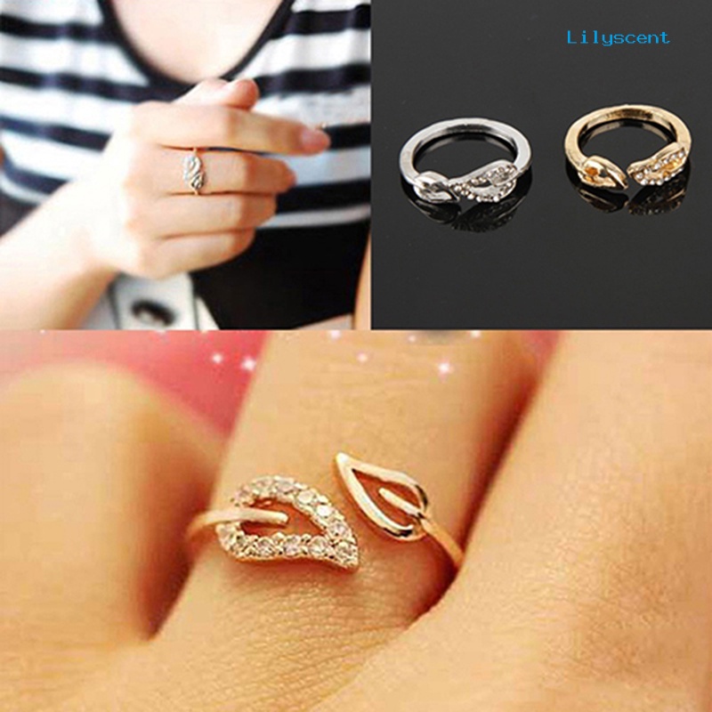 Ls Cincin Open Ring Bentuk Dua Daun Dengan Berlian Imitasi Untuk Wanita