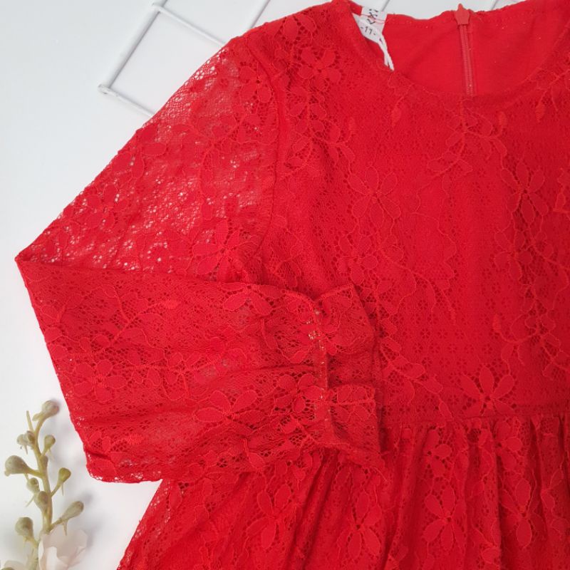 Dress Anak Brukat Merah Seoji 2-7 Tahun Laurakidshop