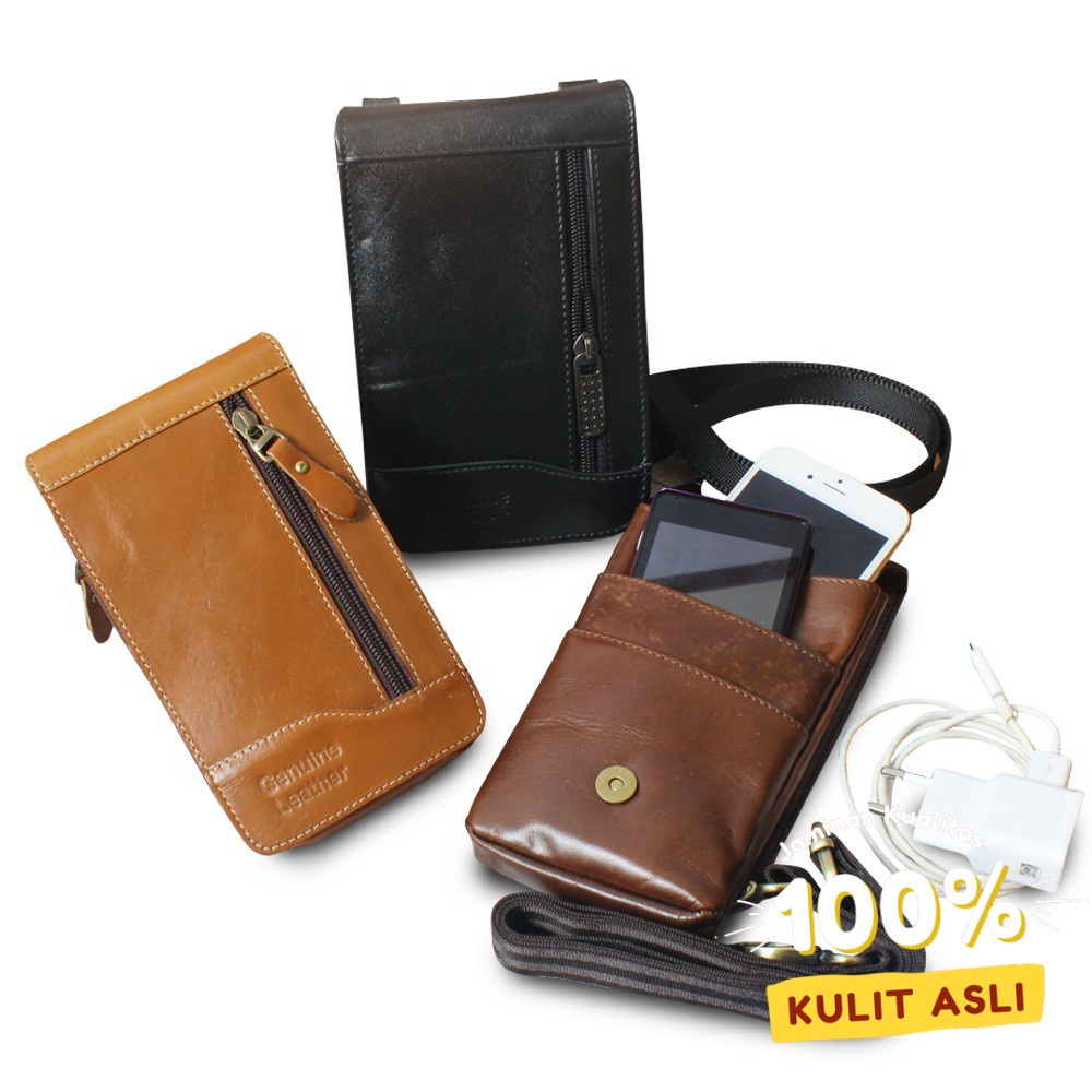 Tas Pinggang Pria WAIST BAG Double Fungsi= Gantung + Tas Pinggang gadget HP KULIT SAPI ASLI p021 Kku