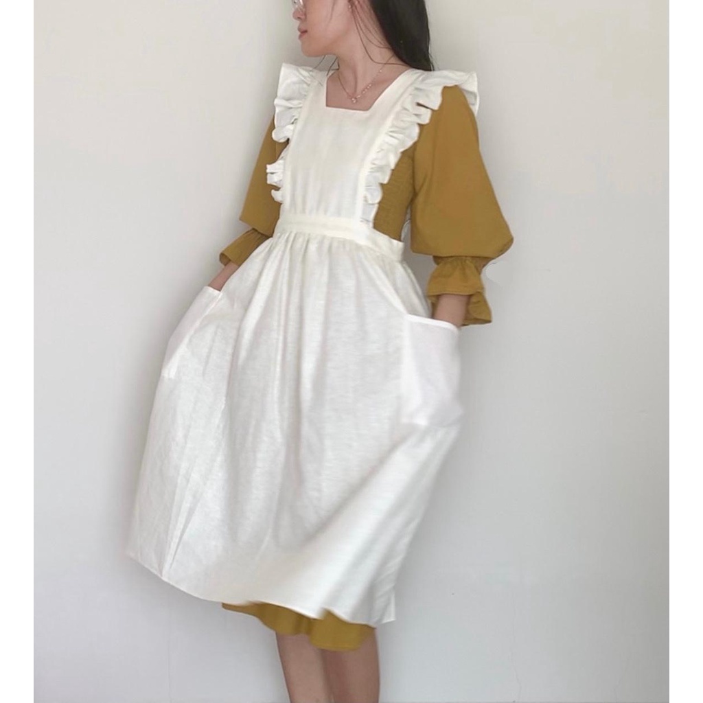 ELLE RUFFLE APRON / APRON LINEN / CELEMEK KOREA JEPANG / PINAFORE COTTAGECORE