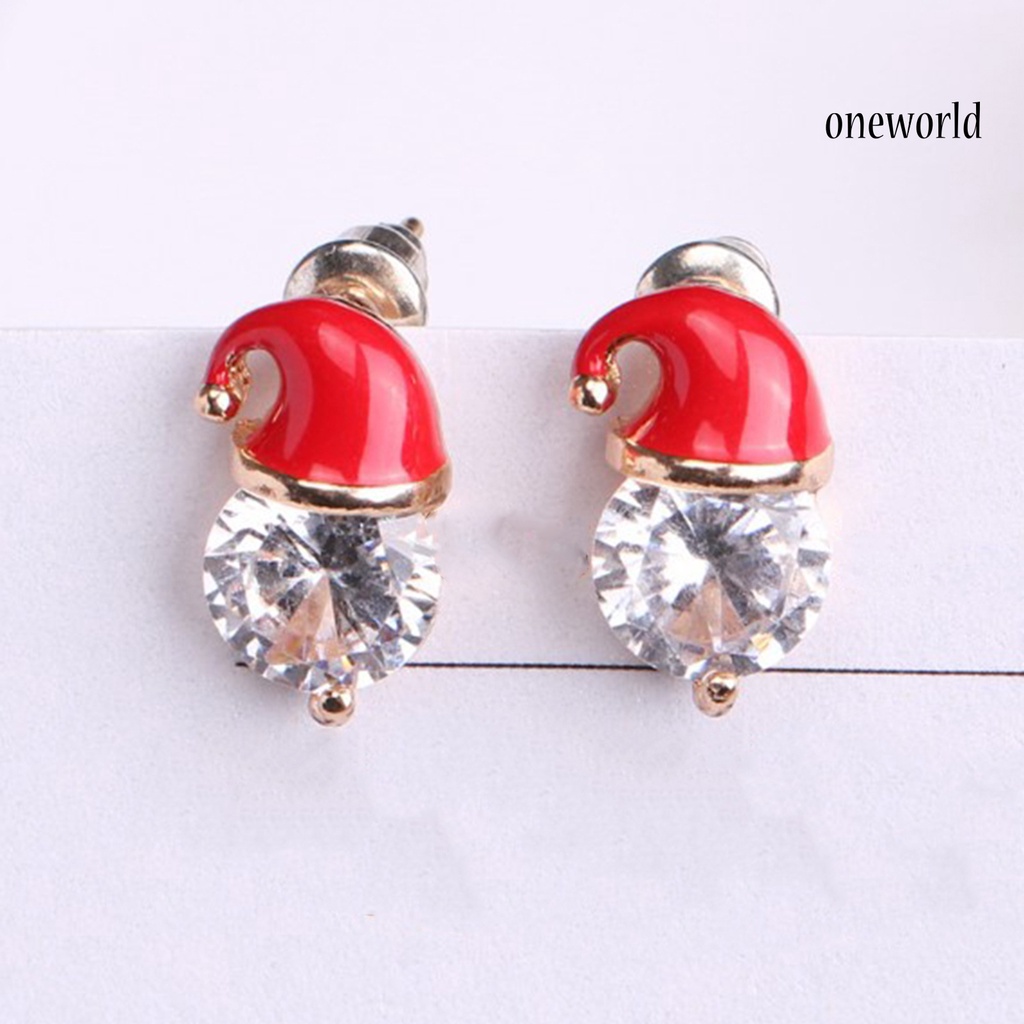 OW@ Earrings Christmas Hat Design Exquisite Alloy Rhinestones Inlaid Ear Studs for Women