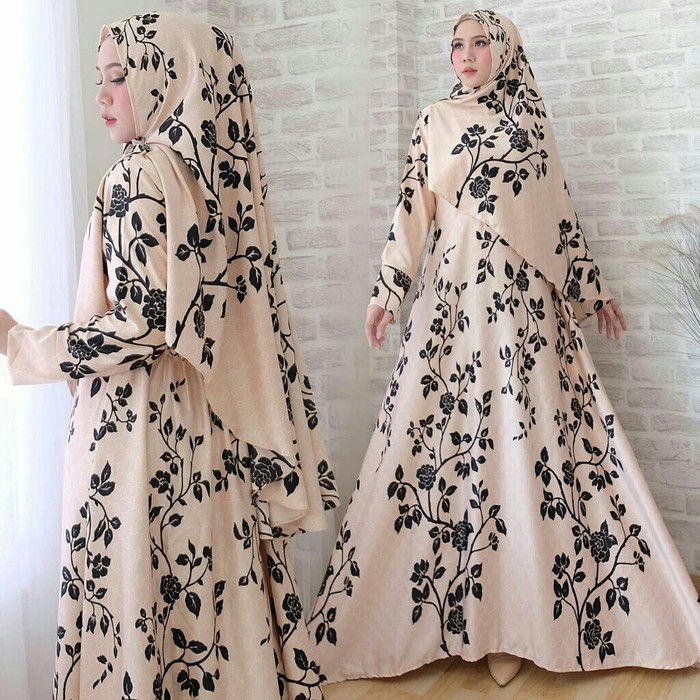 pakaian Gaun muslim ibu islami ak sd ALZENA SYARI CREAM / baju wanita hijab muslim dress perempuan u