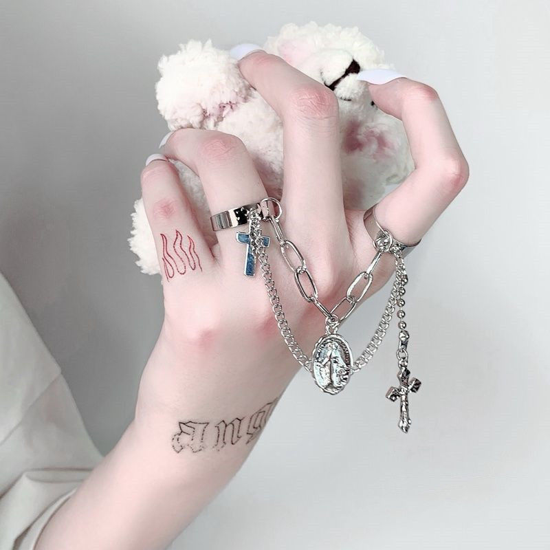 Double Finger Chain Ring Charm Hip-hop Cross Bracelets Open Ring Men &amp; Women Wave Trendy