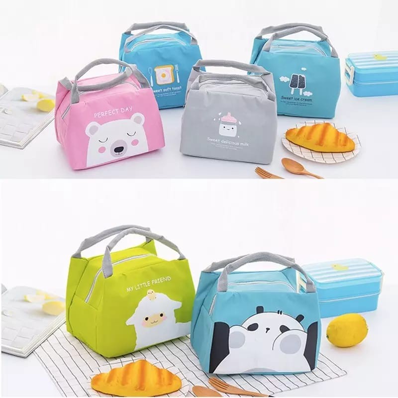 Tas Bekal Motif Lucu Dengan Zipper  Premium Import Goodie Bag Tas Kotak Nasi Lunch Bag Cooler Lunch 