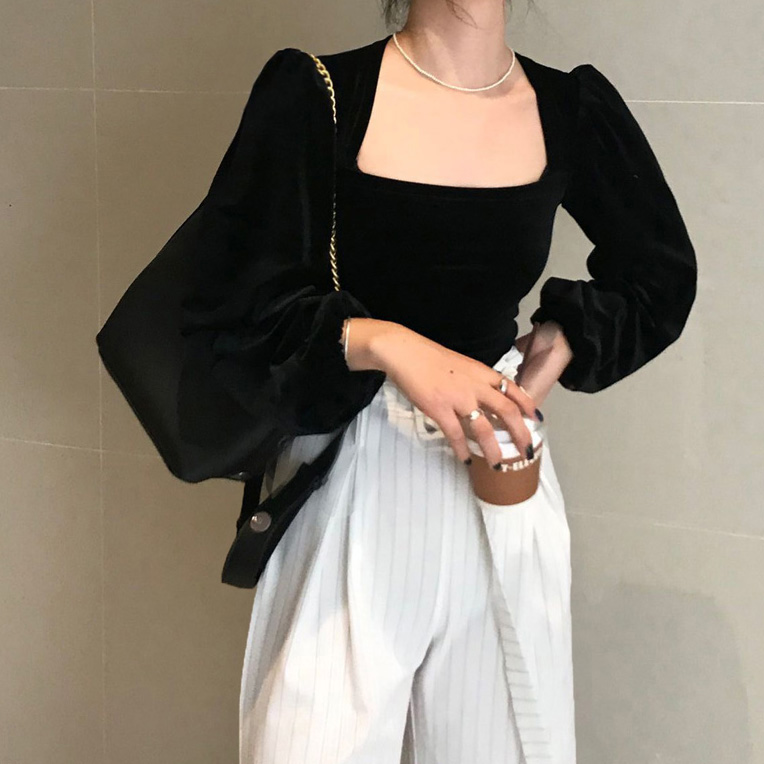 Blus Square Neck Lengan Puff Panjang Warna Hitam Gaya Korea Untuk Wanita