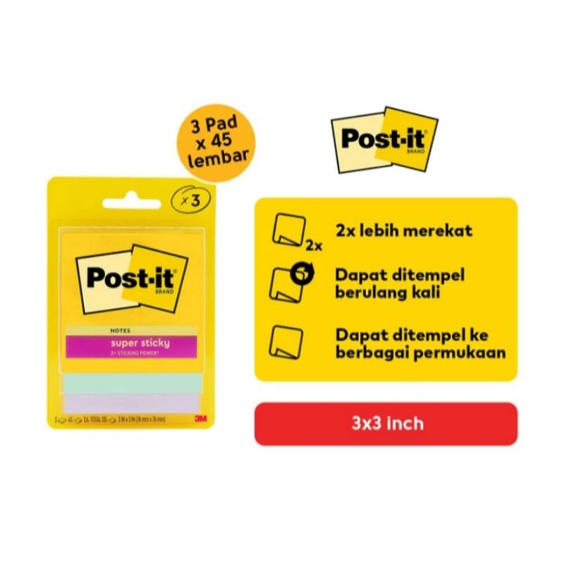 

3M post-it super sticky notes 3x3" 3321-3SSJP SWT isi 3pads (45lembar)