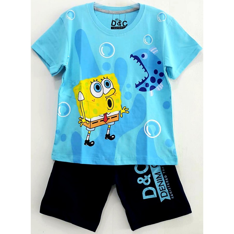 Baju Setelan Anak Laki-laki SpongeBob Biru Langit Hitam Size 1-6 Tahun