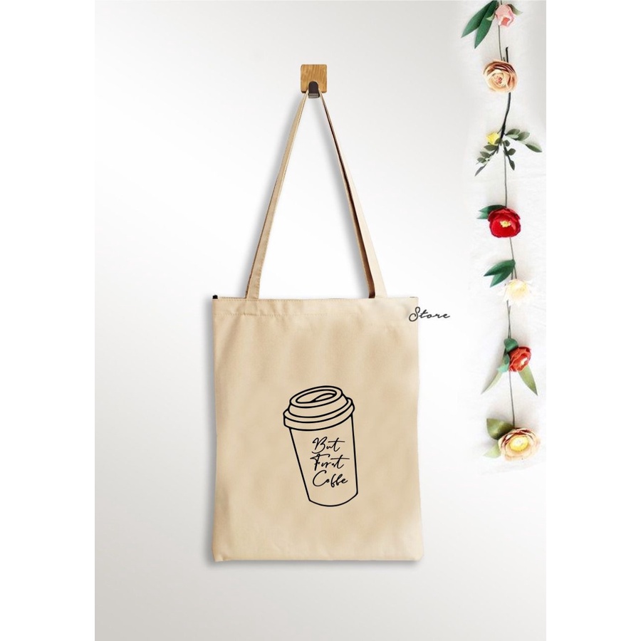 Tas Totebag wanita Kanvas Murah / Tas Tote Bag Wanita Pria Coffee - Cream