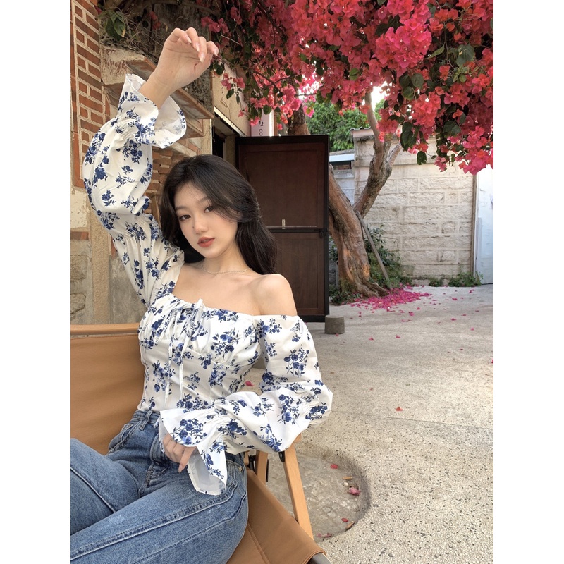 Suhao One Shoulder French Square Neck Floral Shirt Blus Atasan Lengan Panjang