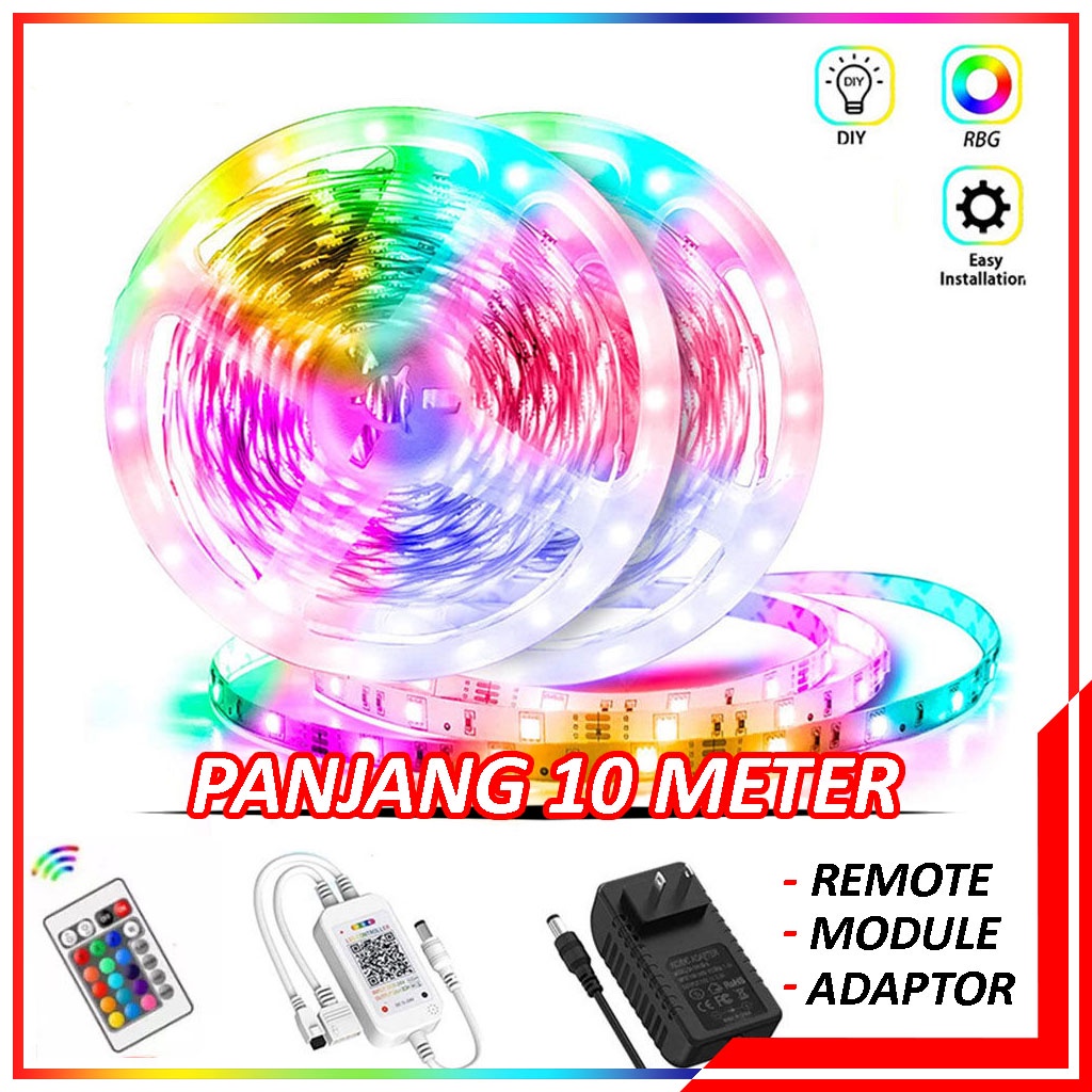 Lampu LED Strip RGB Warna Warni 10 Meter Komplit Set Adaptor Remote - Lampu Hias Warna Warni Strip 10 Meter Plus Adaptor &amp; Remot