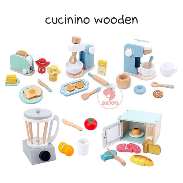 Zoetoys Cucinino Wooden | Bread Toaster Blender Microwave Coffee Machine |  Masak masakan Little Bakery Kitchen Set Pretend Play | Mainan Edukasi Anak Cari Kado Natal