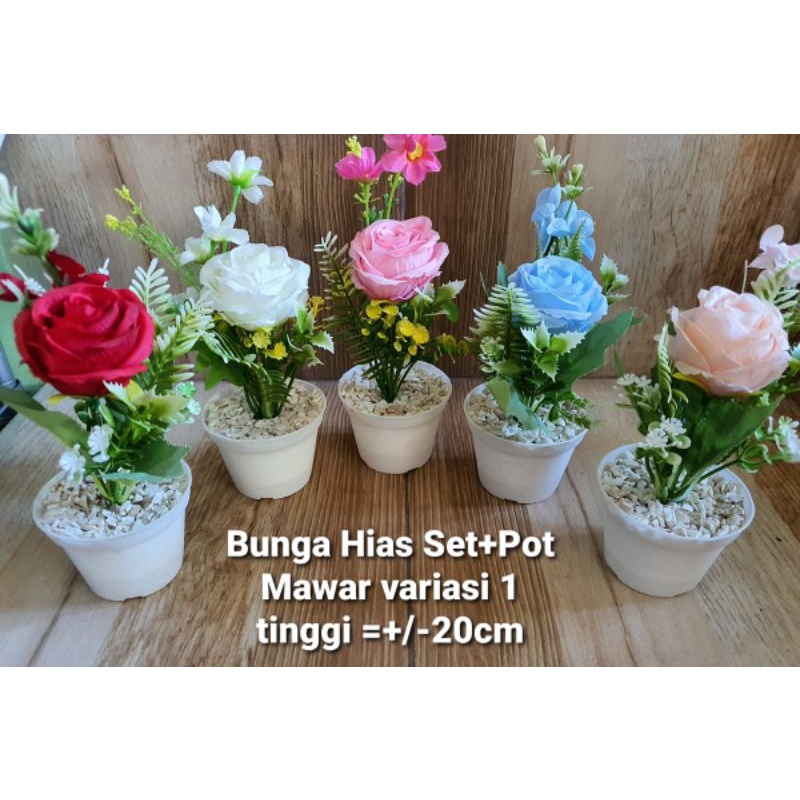 Bunga Hias Set + Pot Bunga Mawar Artificial / Bunga Plastik / Mawar Vas