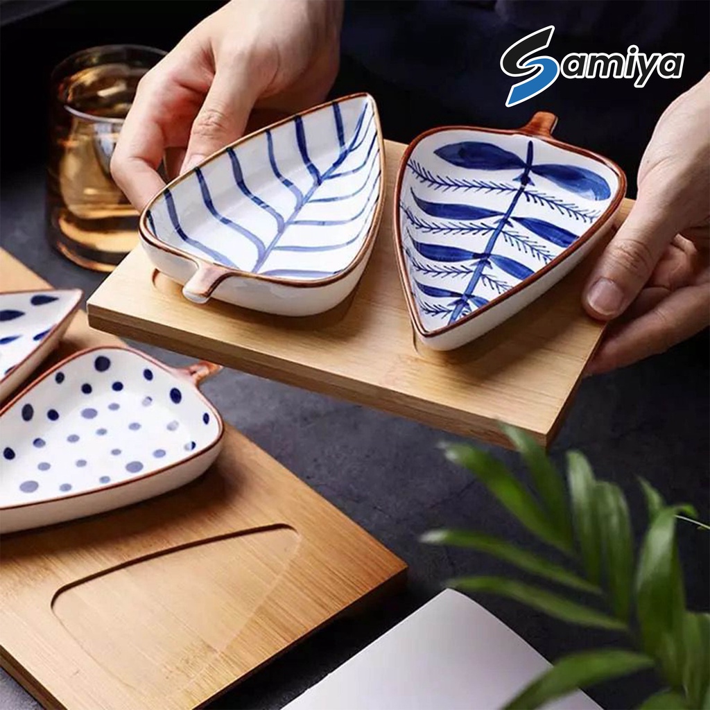 leaf ceramic saucer plate dessert with bamboo tray / piring keramik set snack cemilan bentuk daun