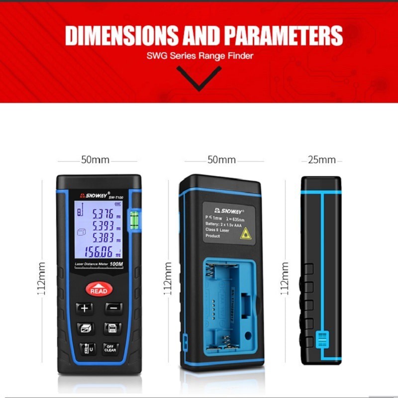 SNDWAY SW-T100 - Digital Laser Distance Meter Rangefinder - 100M