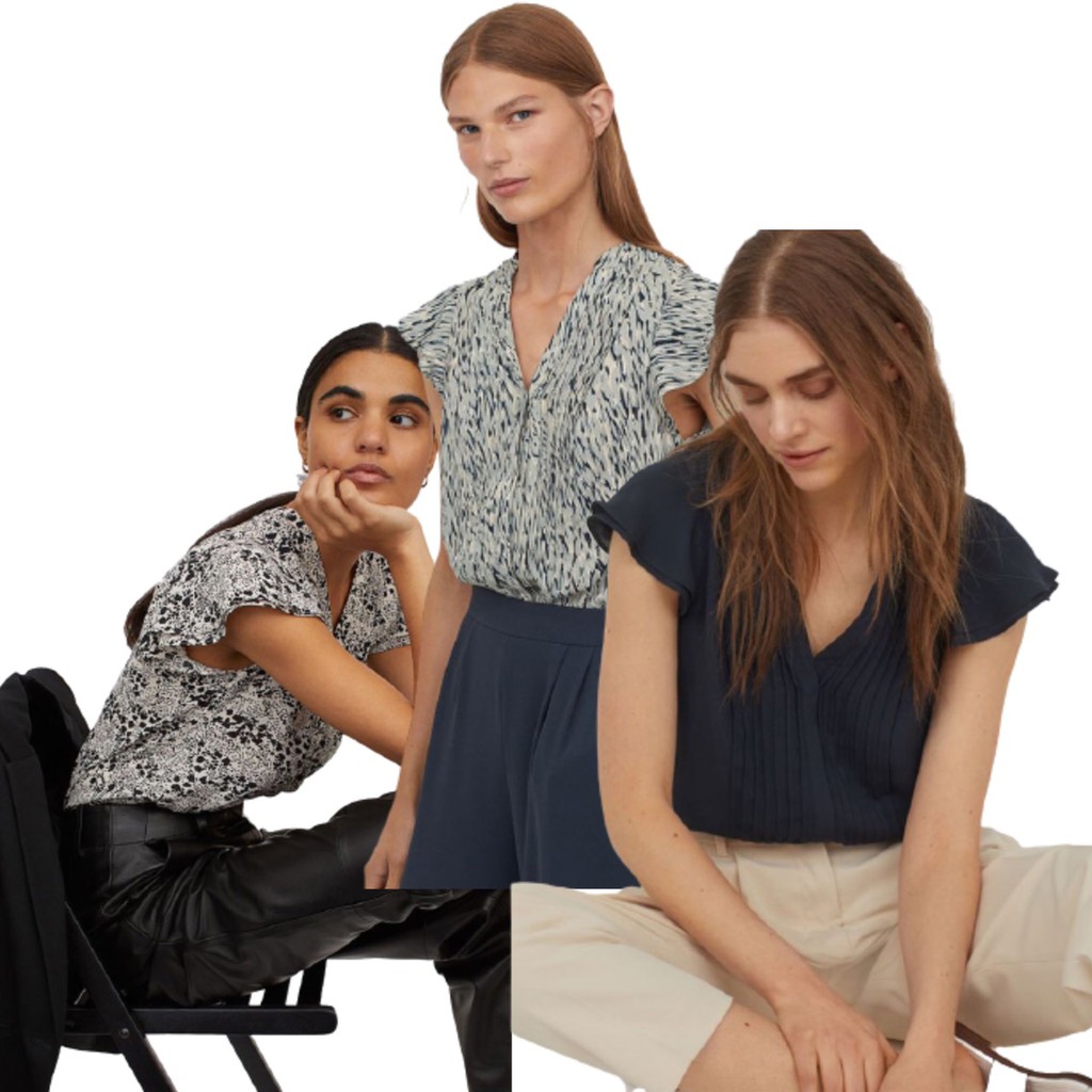 HNM Blouse Wanita Pintuck Teal Sage Green White Pattern