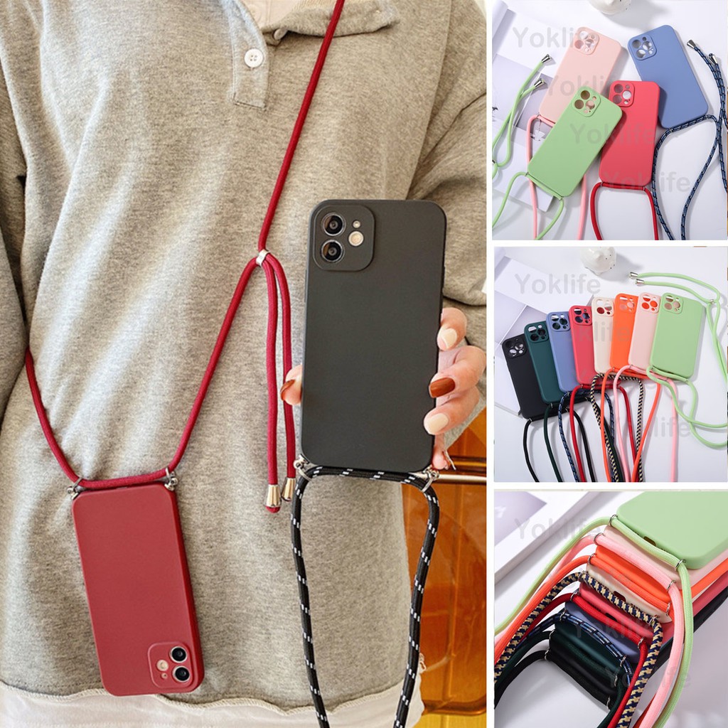 Soft Case Silikon Warna Permen Macaron Dengan Tali Lanyard Untuk iPhone