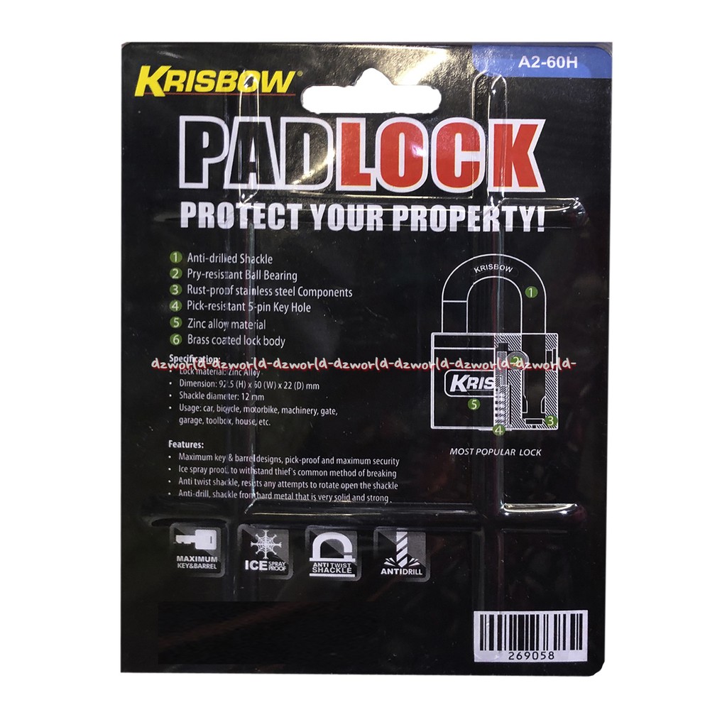 Krisbow Padlock A2-60H Gembok Kuning Anti Drill Anti Karat 3 Kunci Kris Bow Pad Locks Loks