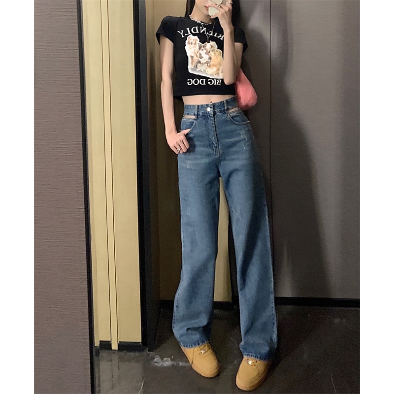 Gaya Korea Jeans Cutout Jeans Wanita Retro Pinggang Tinggi Longgar Lurus Celana Musim Panas Desain N