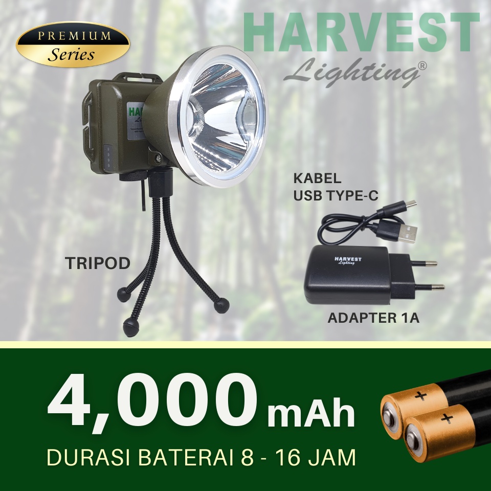 90W Headlamp HARVEST LIGHTING Senter Kepala LED PREMIUM IP66 4000Mah Lampu Emergency Travel Tambang Hunting Berburu Rechargeable Original Bergaransi