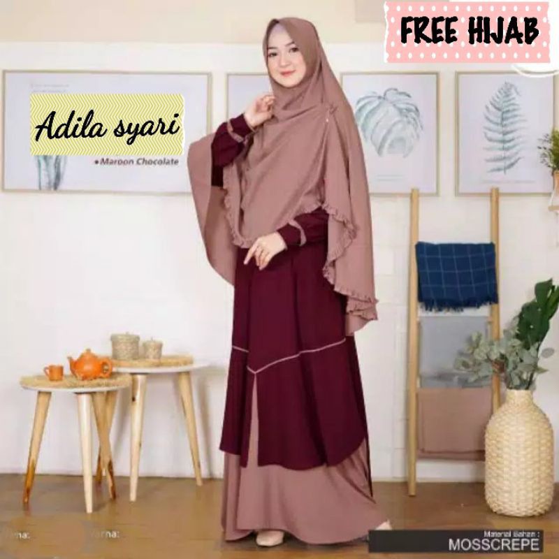 Baju Dress Gamis Syari Busui Wanita Muslim Kondangan Free Khimar Hijab Jilbab ADILA SYARI Warna Polo