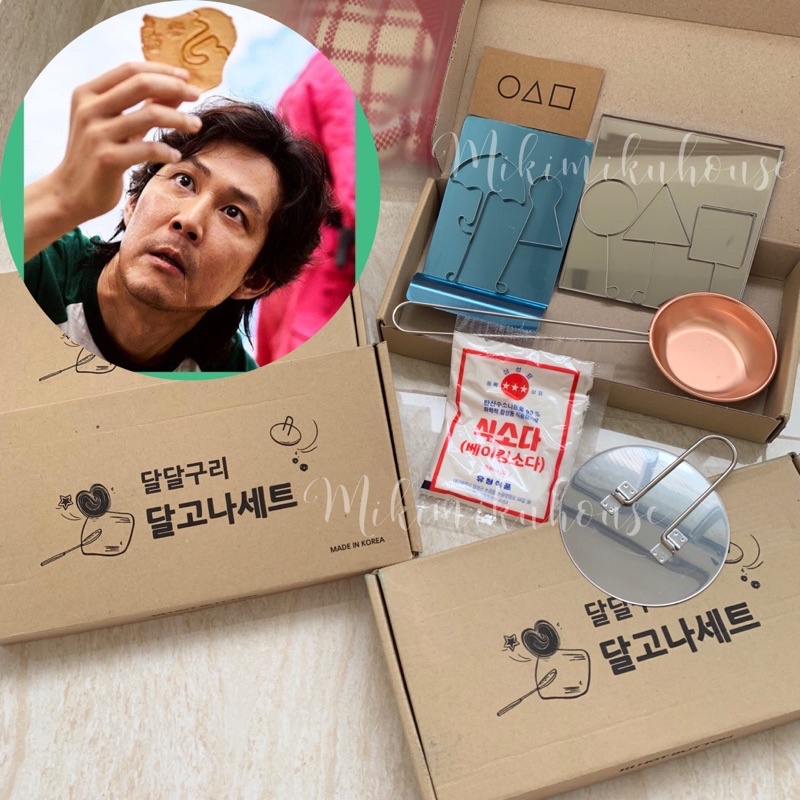 OFFICIAL 1 SET CETAKAN SQUID GAME DALGONA PAYUNG HONEYCOMB CANDY PERMEN CHALLENGE SQUID GAME 2 KOREA