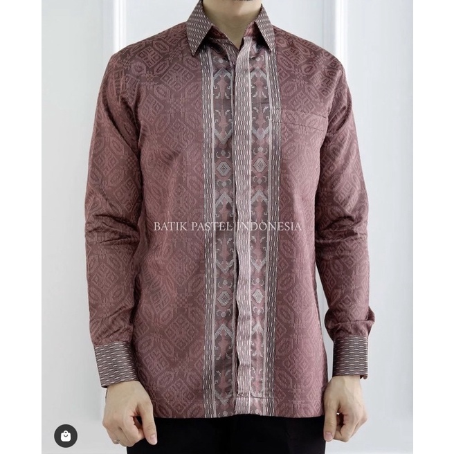 kemeja pria lengan panjang batik songket premium pink salem