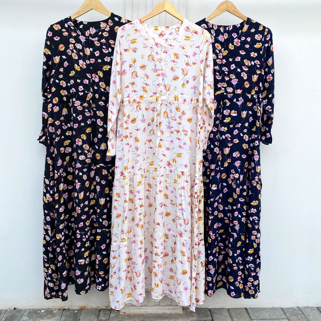 MAXI DRESS DELA FLOWER RAYON LONG DRESS SERUT PINGGANG PREMIUM SHIRT B622