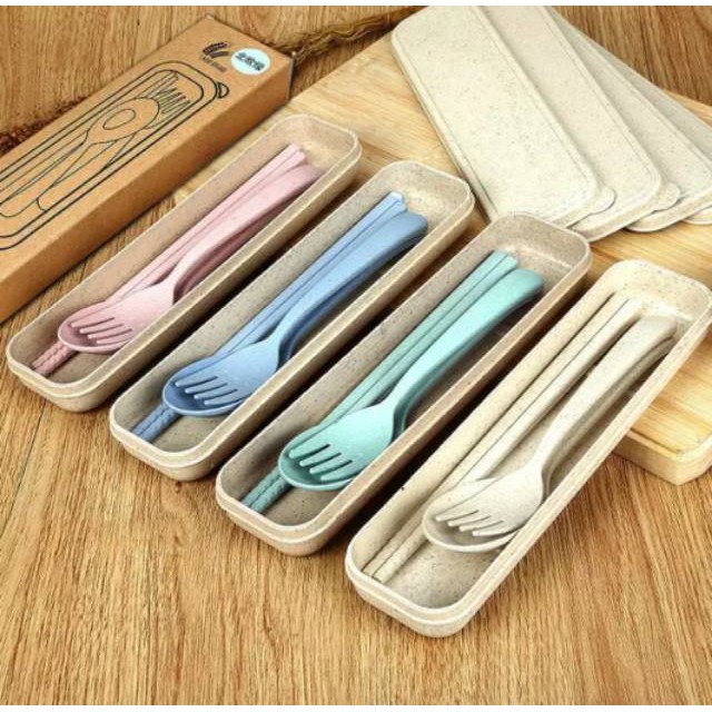Trend-Sendok Makan Set / Sendok Garpu Sumpit Set Travel / Sendok Makan Jerami Gandum