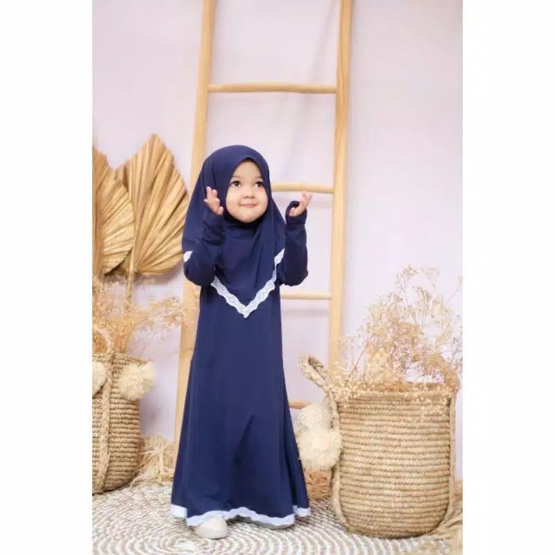 Gamis Meca Set Hijab Anak Perempuan Usia 6 Bulan-2 Tahun |Setelan Busana Bju Syari Bayi Terbaru 8 bln-1 Thn|Stelan Pakaian Tanggung Little Pineapple Baju Muslim Lucu